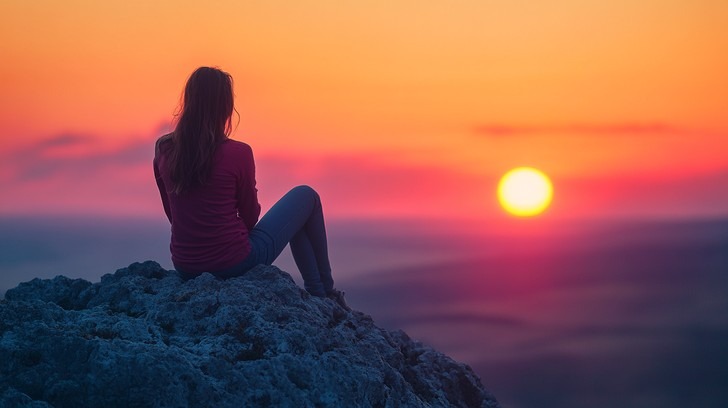 woman sitting on a mountaintop alone watching a beautiful sunset