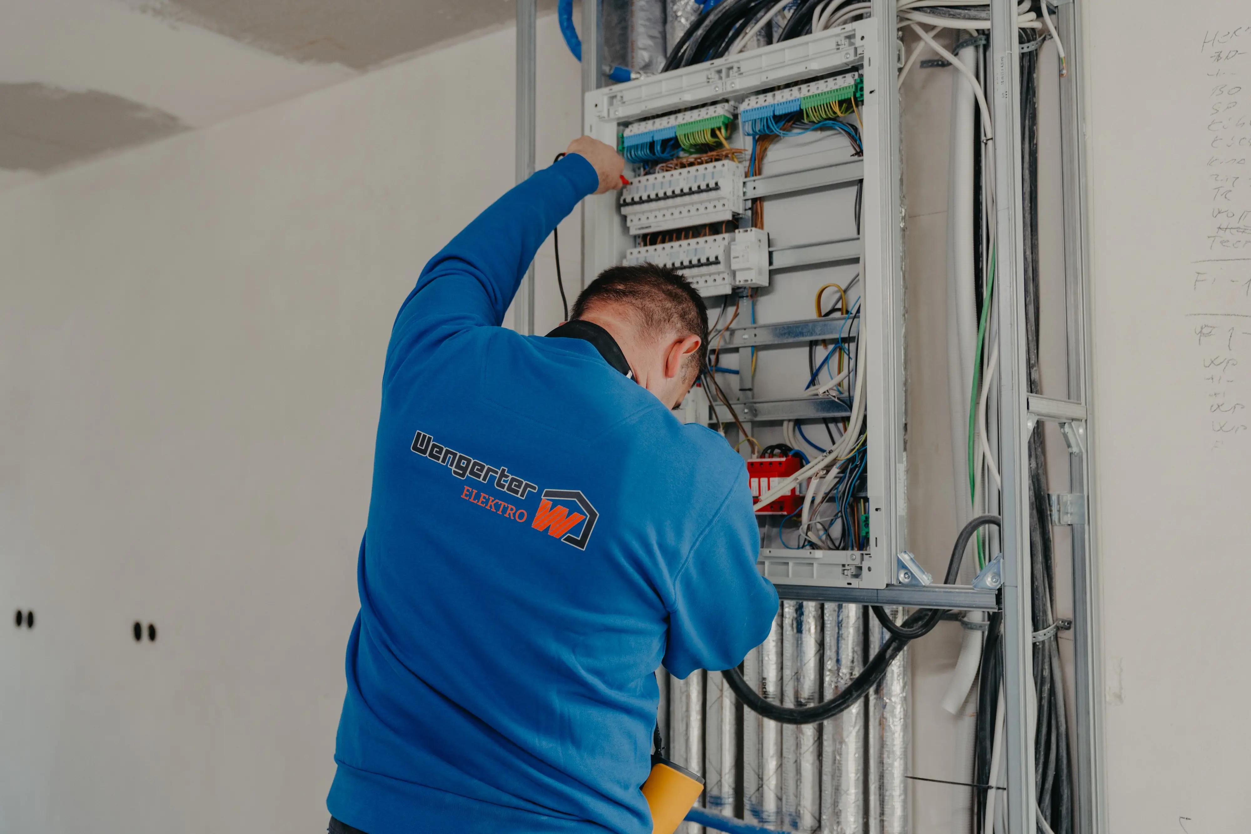 Elektriker in blauer Jacke arbeitet an einem offenen Sicherungskasten mit Kabeln und Schaltern.