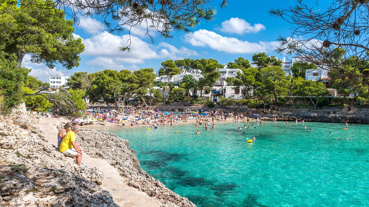 Cala Ferrera beach and surrounding resort area near Cala d’Or, Mallorca