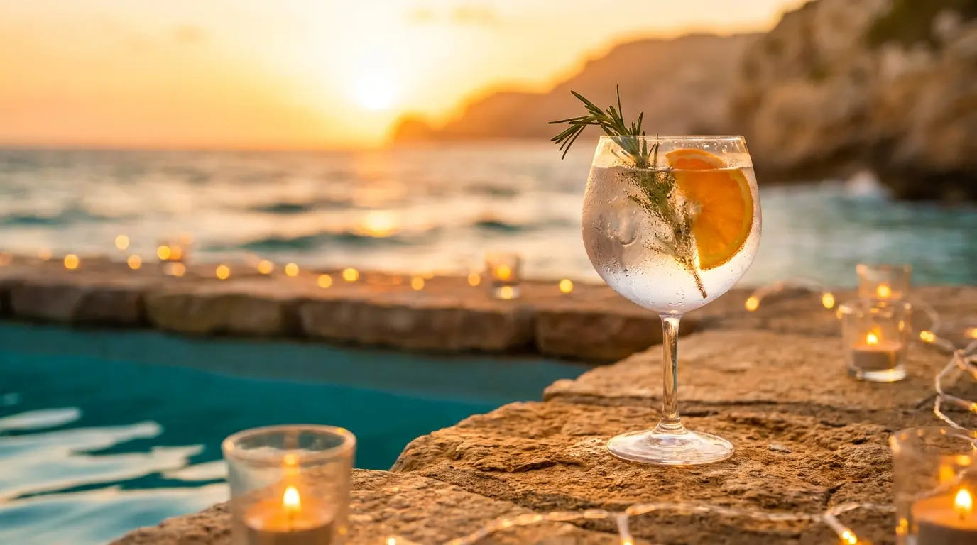 Cocktails at sunset with marina and sea views in Mallorca