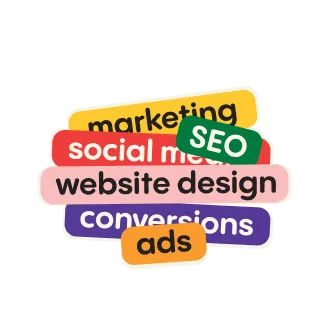 Colorful stacked stickers with words marketing, social media, SEO, website design, conversions, ads.
