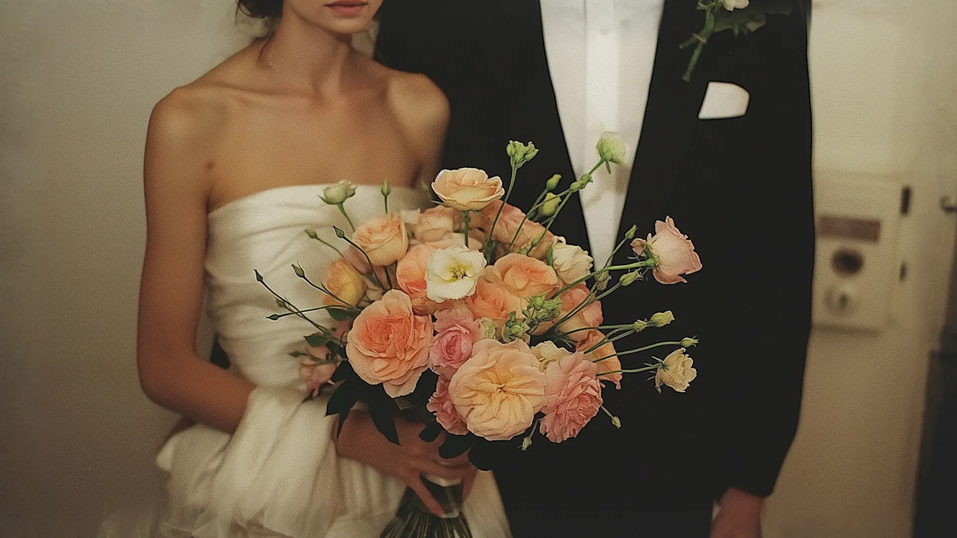 Brud och brudgum stående ihop med en bukett aprikosfärgade blommor i brudens händer.