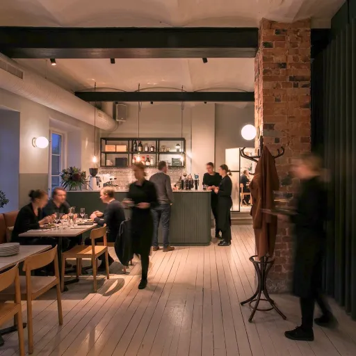 Människor sitter och serveras på en mysig modern restaurang med varma ljus och trästolar.