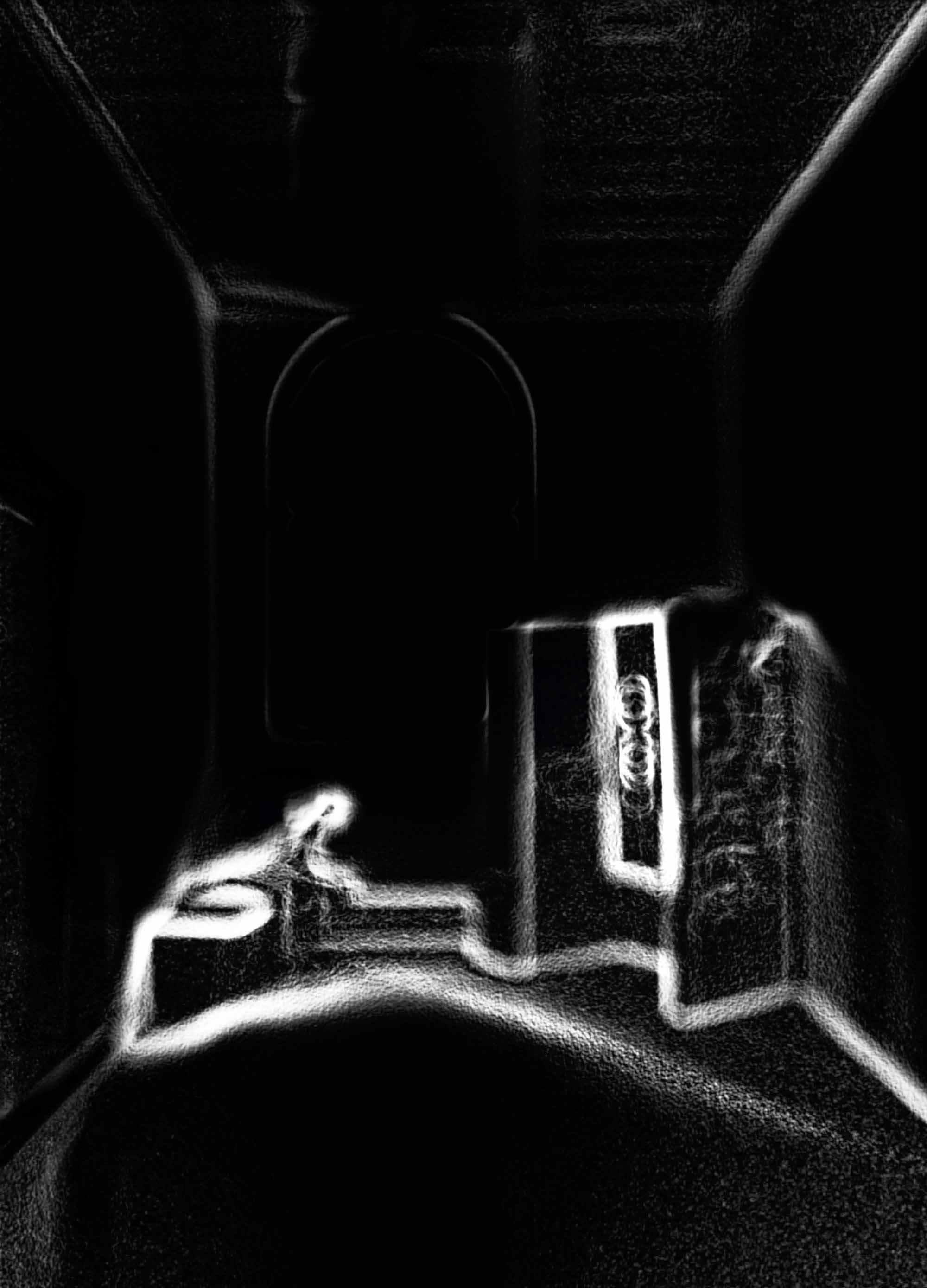 Silhouette attendant dans couloir sombre, contours numériques, longue exposition ICM — Christophe Lobier fine art photography