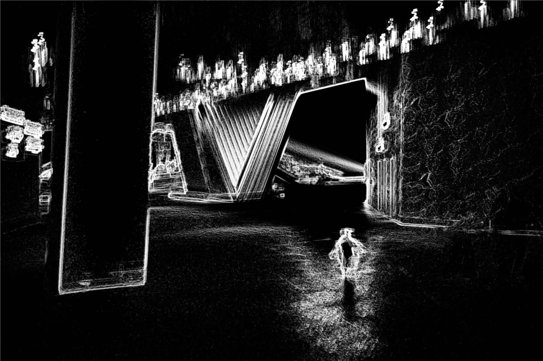 Enfant seul dans immense hall urbain, contours numériques ICM — Christophe Lobier fine art photography