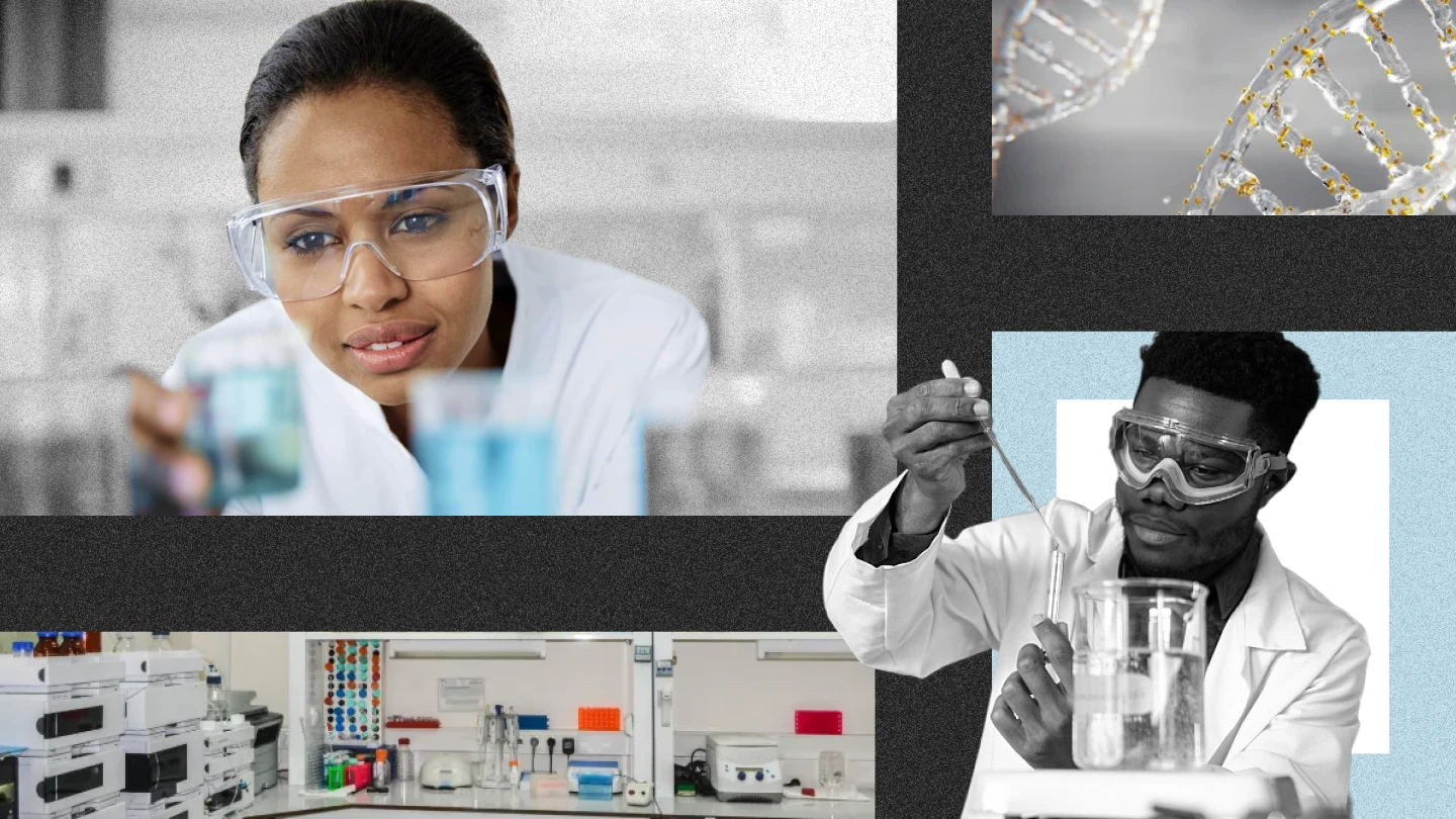 Collage of African scientists at work in laboratories, with a DNA helix and lab equipment