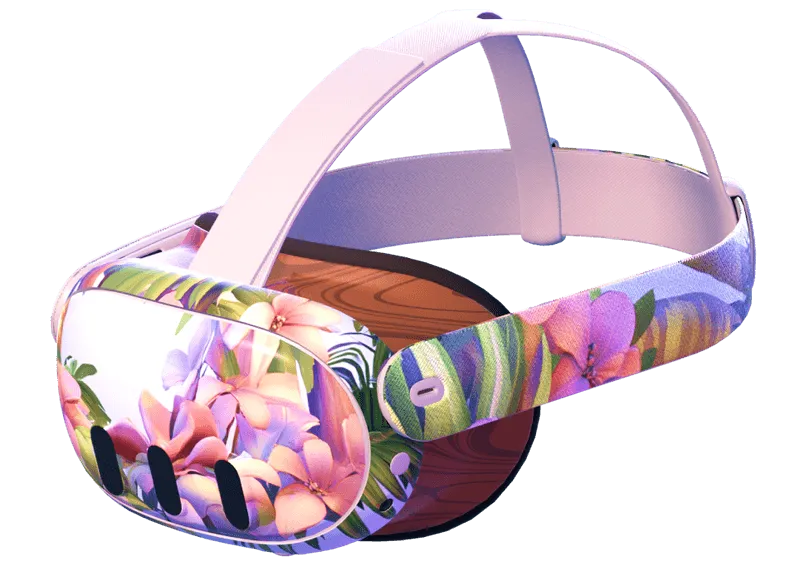 Virtual reality headset with a floral pattern featuring pink and purple flowers and green leaves.