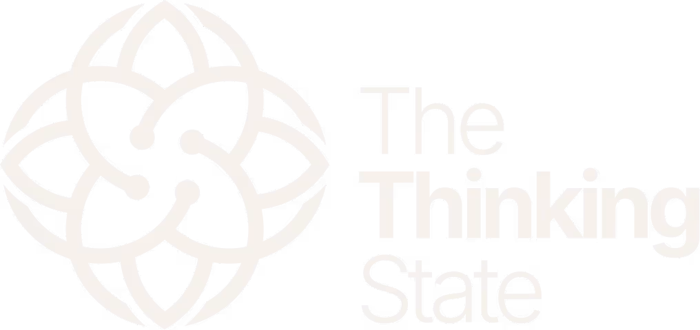 White abstract spiral design next to the text The Thinking State on black background.