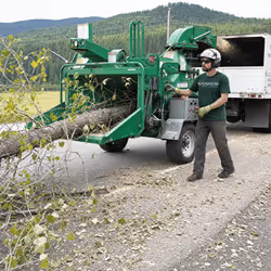 Man feeding a large tree branch into a green wood chipper on a rural road near a truck.