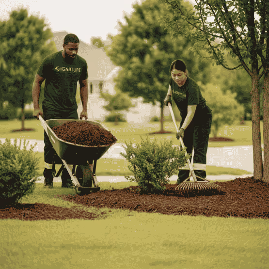 Two people spreading mulch around bushes in a green outdoor area with trees and grass.