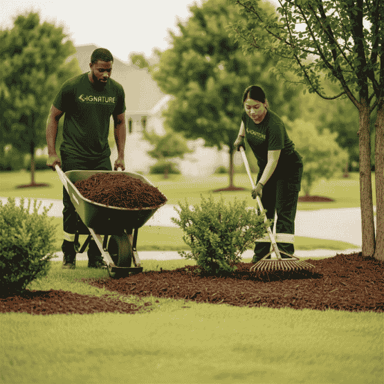 Two people spreading mulch around bushes in a green outdoor area with trees and grass.