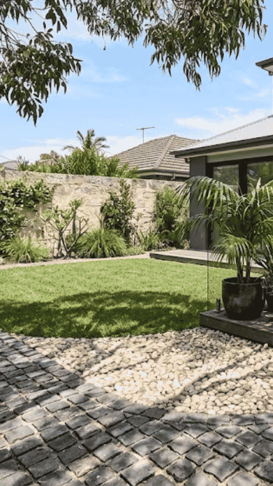 Backyard with green lawn, stone wall, potted palm plants, and stone and cobblestone patio area.