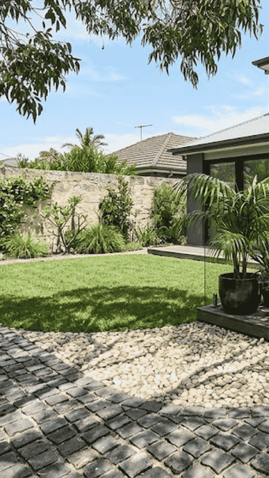 Backyard with green lawn, stone wall, potted palm plants, and stone and cobblestone patio area.