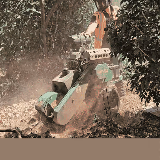 Worker in safety gear operating green stump grinding machine clearing tree stump outdoors.