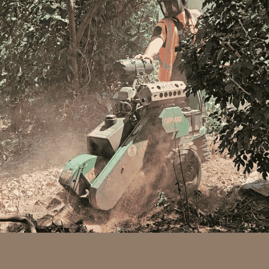 Worker in safety gear operating green stump grinding machine clearing tree stump outdoors.