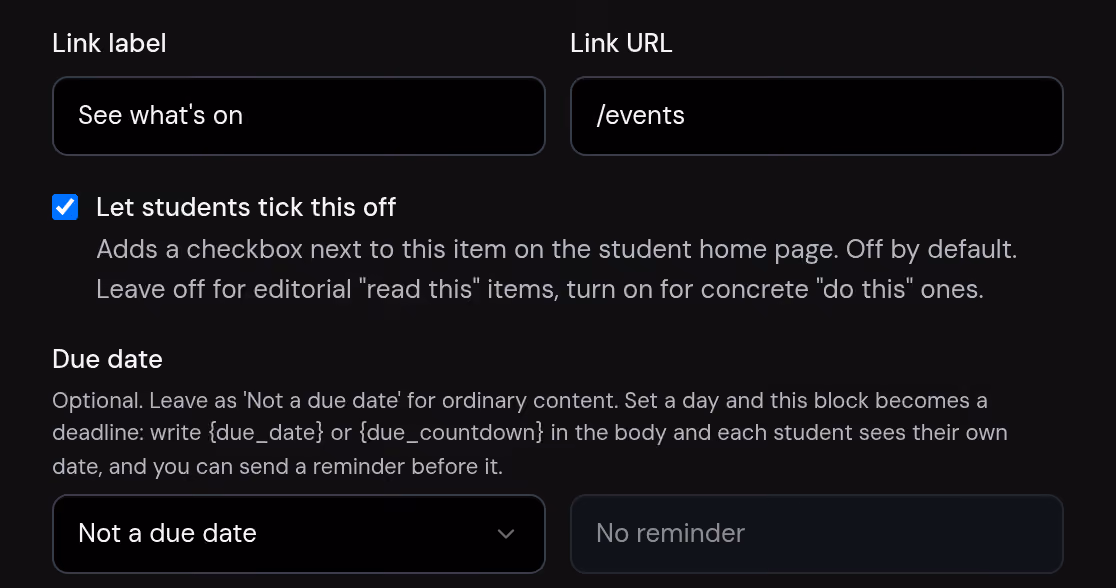 Weekly briefing editor: a 'what matters' item with 'Let students tick this off' turned on.