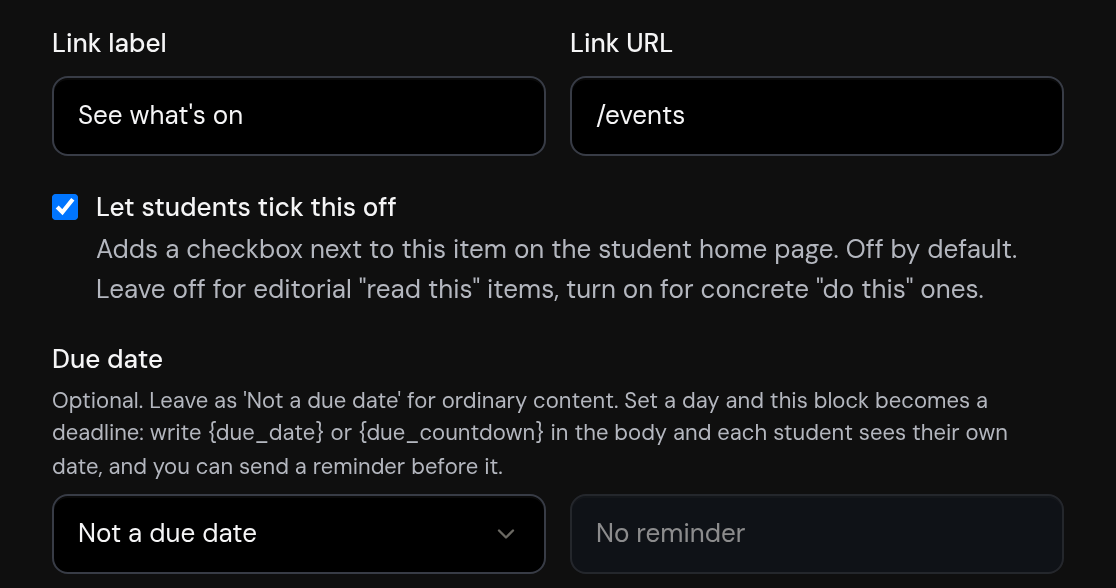 Weekly briefing editor: a 'what matters' item with 'Let students tick this off' turned on.