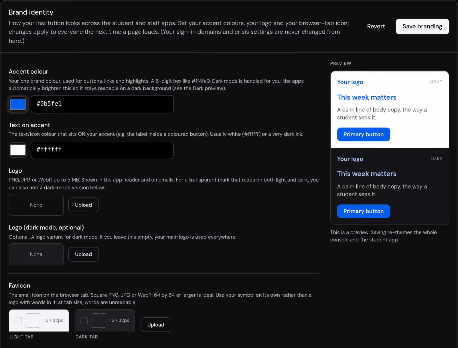 Brand settings: accent colour and logo, with a live student preview.
