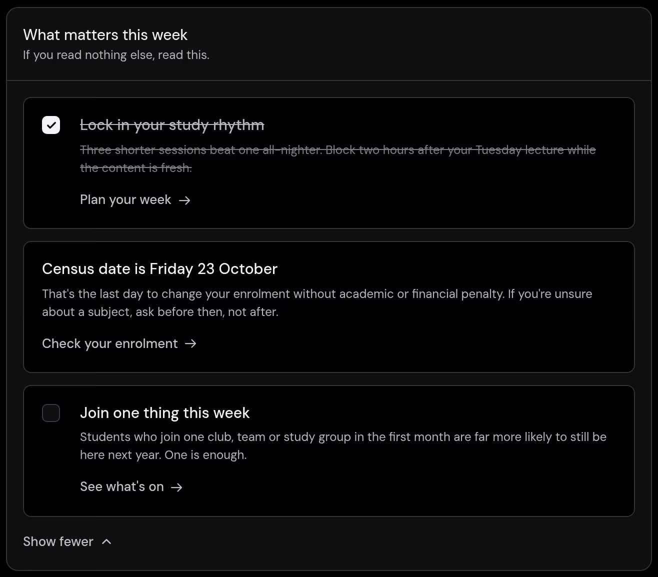 A student's week: the few things that matter, with tick boxes.