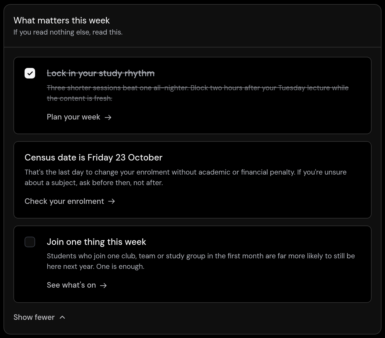 A student's week: the few things that matter, with tick boxes.