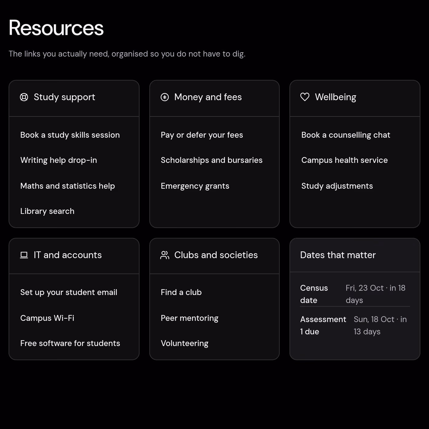 Student resources page grouping campus links and support.