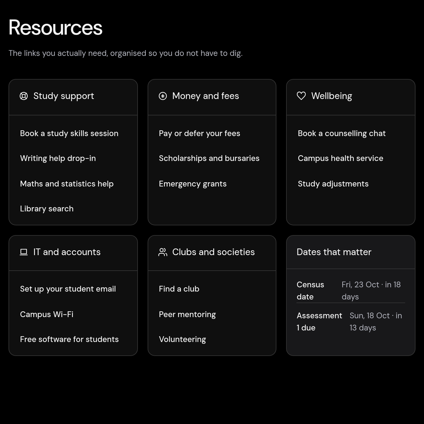 Student resources page grouping campus links and support.