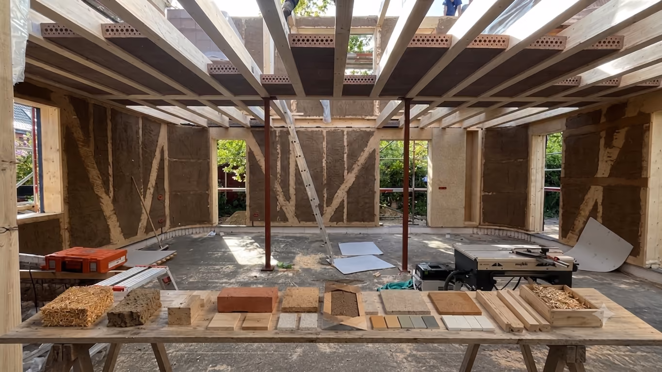 Rohbauphase mit sichtbarer Holzrahmenkonstruktion und Materialmuster-Auswahl auf dem Arbeitstisch im Vordergrund