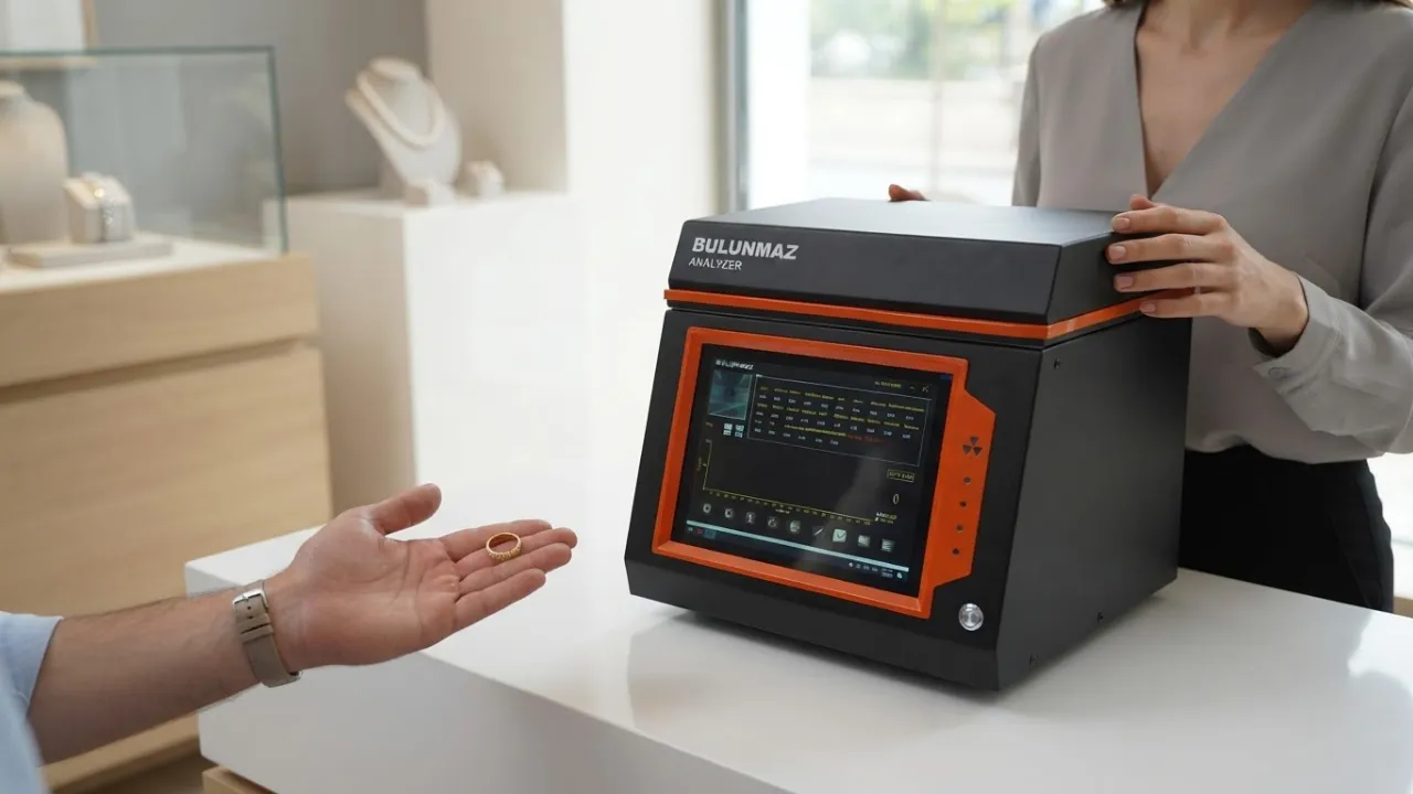 Person holding gold ring near BULUNMAZ Analyzer device on white counter in a jewelry store.