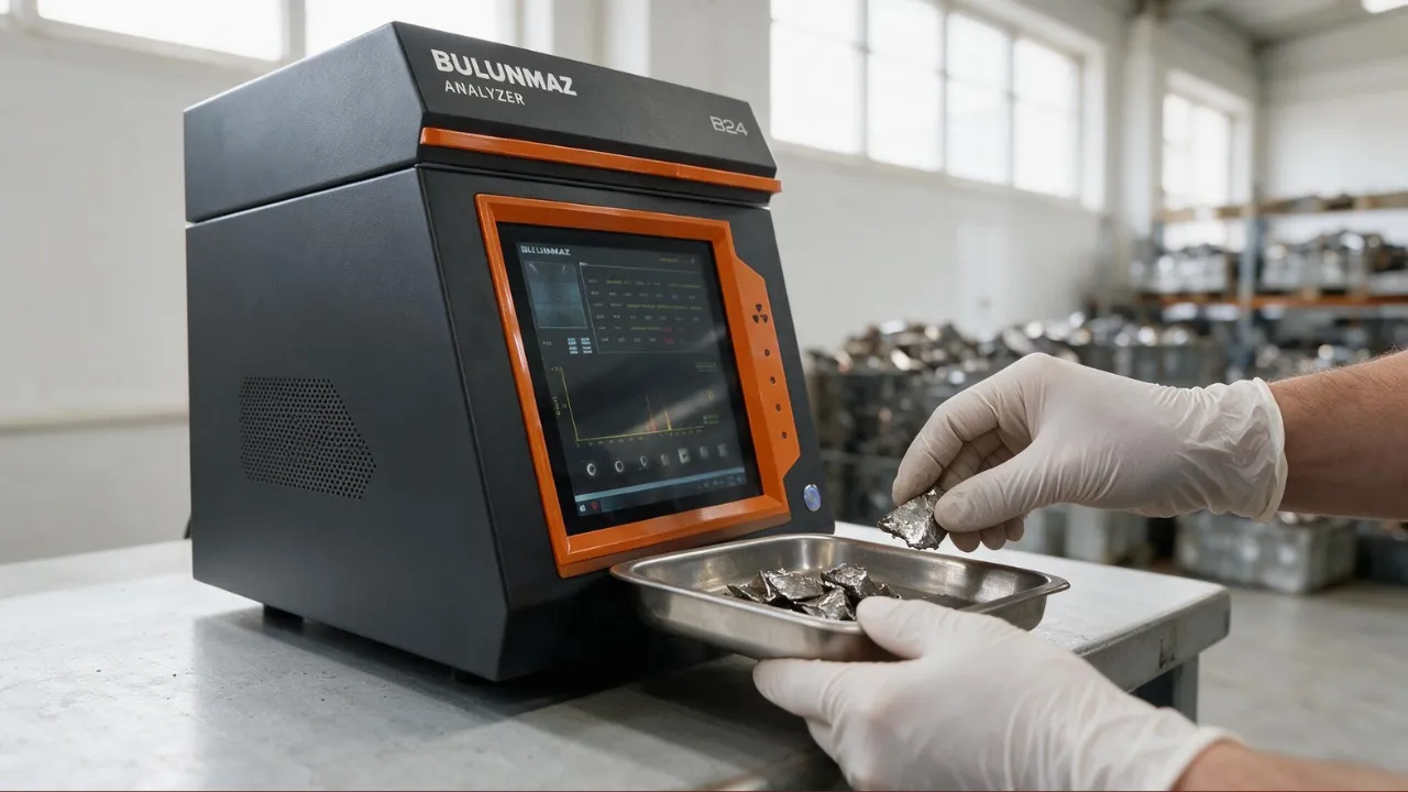 Gloved hands placing metal pieces into a BULUNMAZ analyzer with digital display in industrial setting.