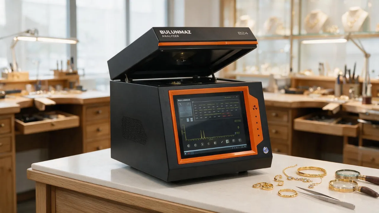 Black and orange BULUNMAZ B24 analyzer device on a table with gold jewelry and magnifying glasses nearby.