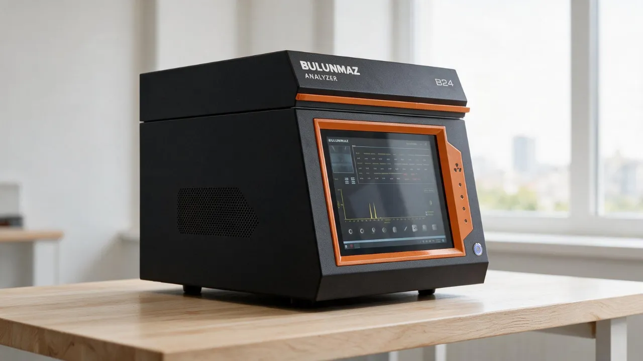Black and orange BULUNMAZ B24 analyzer with digital screen showing data, sitting on a wooden table.