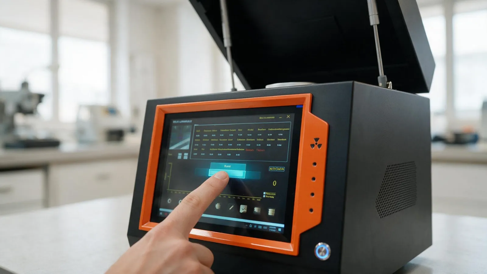 Finger pressing a blue button on a touchscreen of a black and orange electronic device in a lab.