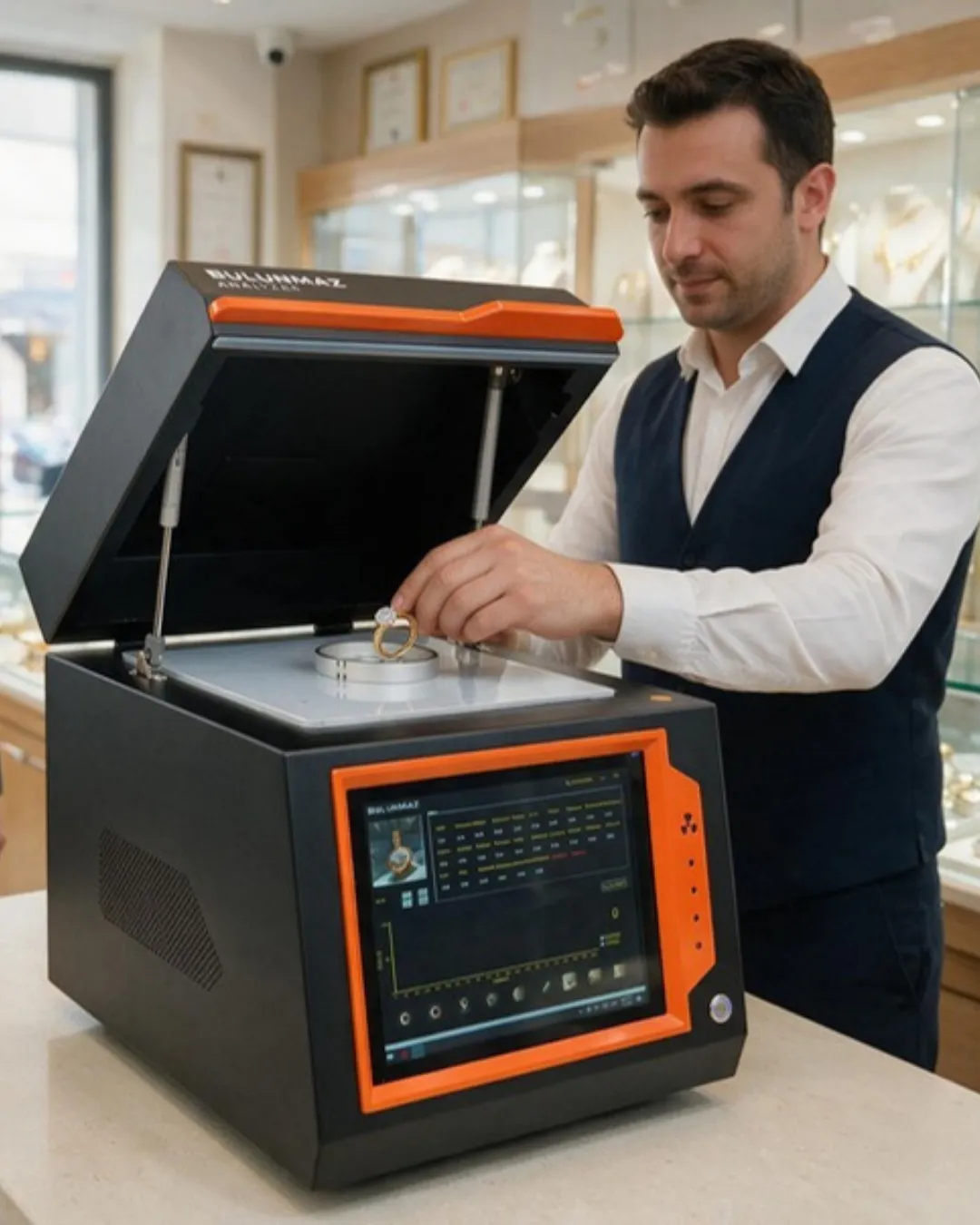 Man placing a gold ring with a large clear stone into a black and orange analysis machine.