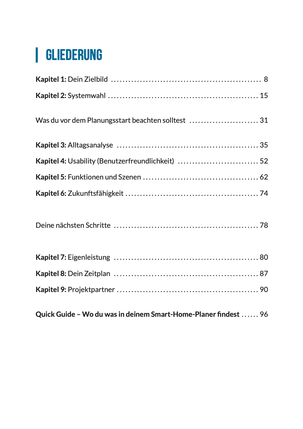 Gliederung des Smart-Home-Planers mit allen neun Kapiteln