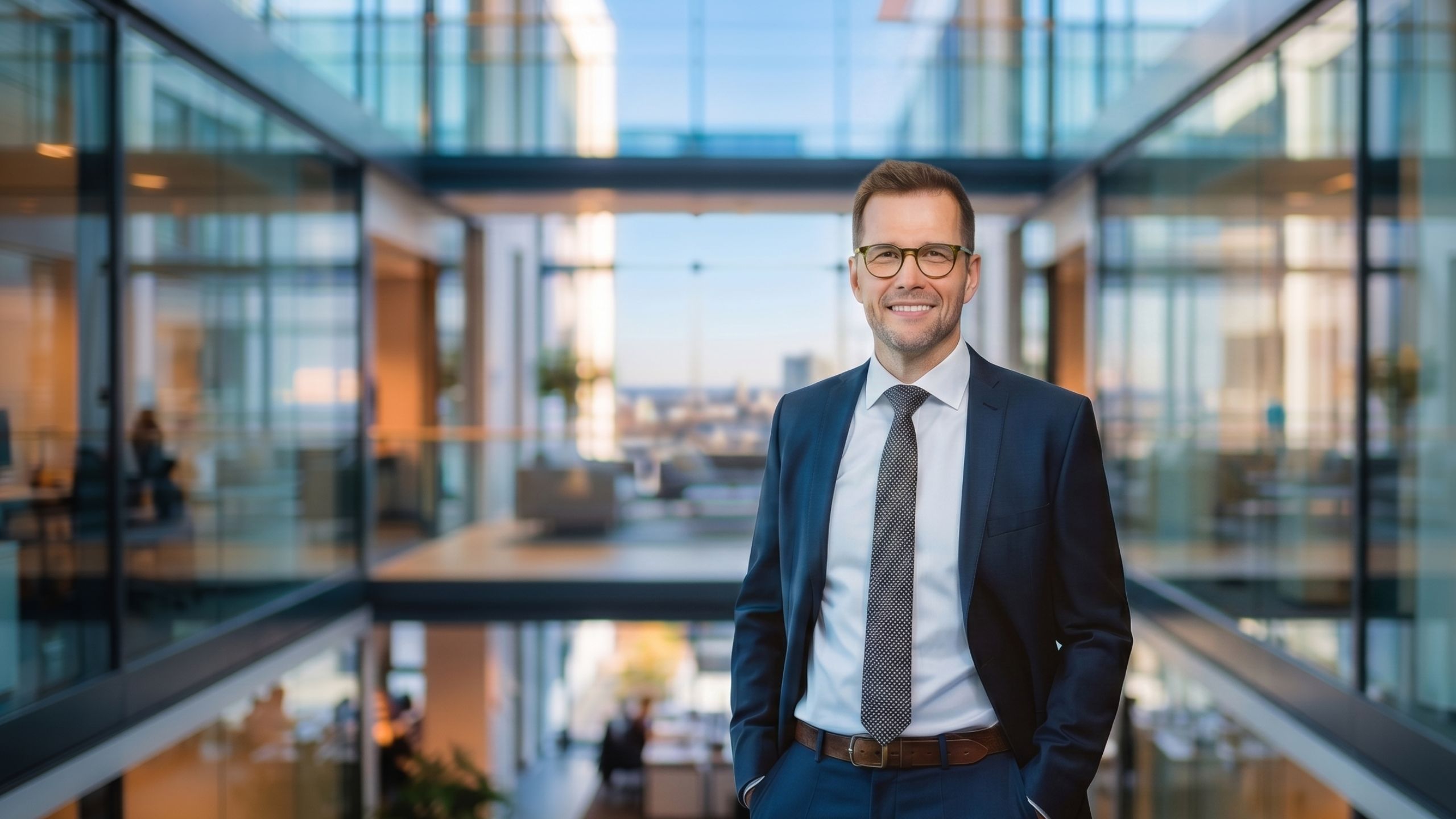 Thomas Mehlbeer, CEO of Yield & Grain in navy suit and glasses standing in a modern office with glass walls.