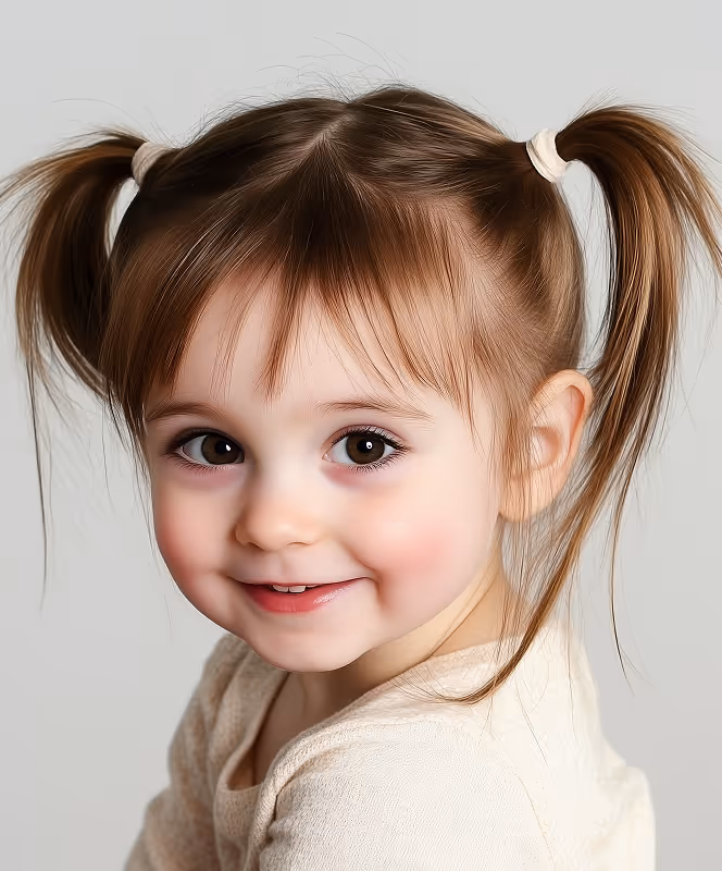 Smiling young girl with brown eyes and hair in two ponytails wearing a beige sweater.