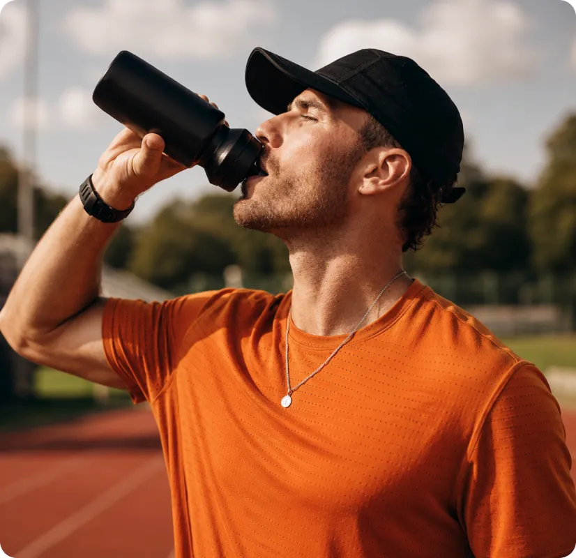 Man in orange shirt and black cap drinking water from a black sports bottle outdoors.