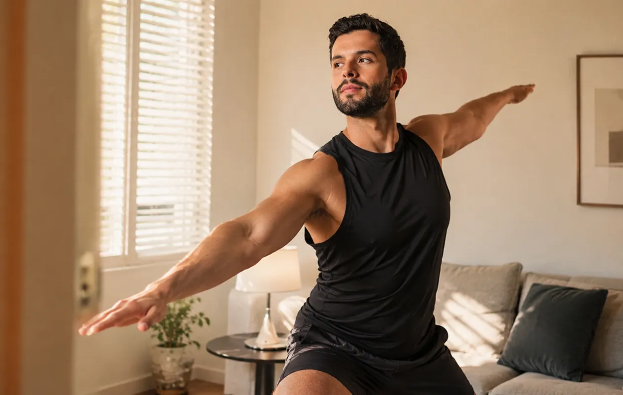 Man in black athletic wear practicing yoga Warrior II pose in bright living room.