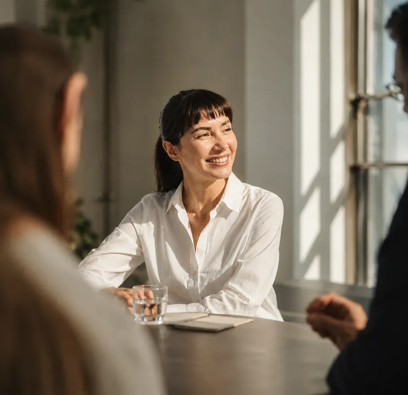 Smiling woman in white shirt sitting at a table with a glass of water and notebook in sunlight.