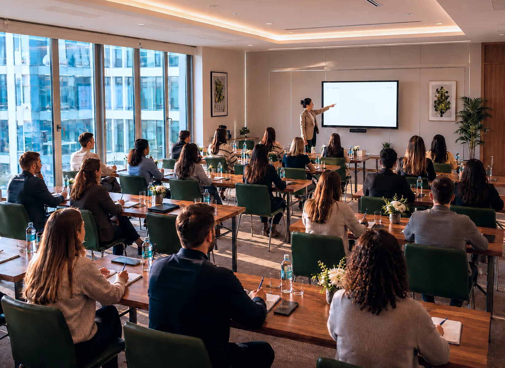 Professional woman presenting to a room of adults seated at tables with notebooks and bottled water.