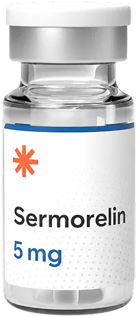 Clear vial labeled Sermorelin 5 mg with white cap and blue and orange label accents.