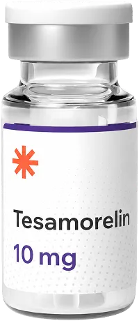 Small clear medicine vial labeled Tesamorelin 10 mg with white and purple label and silver cap.
