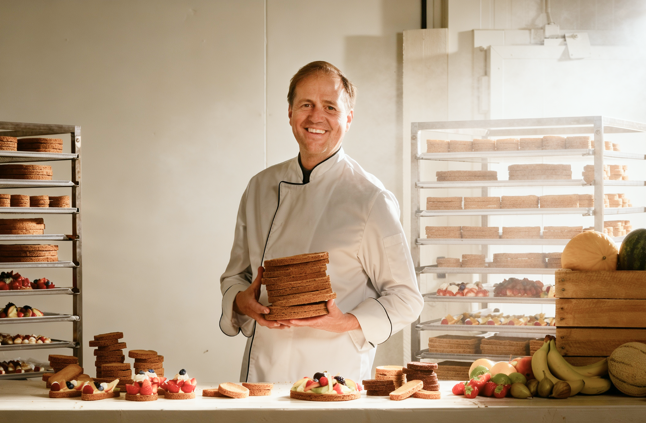 Oprichter Alex De Langhe met een stapel Bretoense taartbodems in het atelier