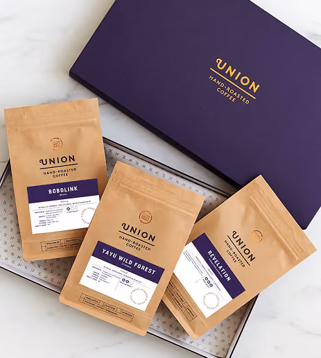 Three Union Hand-Roasted Coffee bags, Bobolink, Yayu Wild Forest, Revelation, in a gift box.