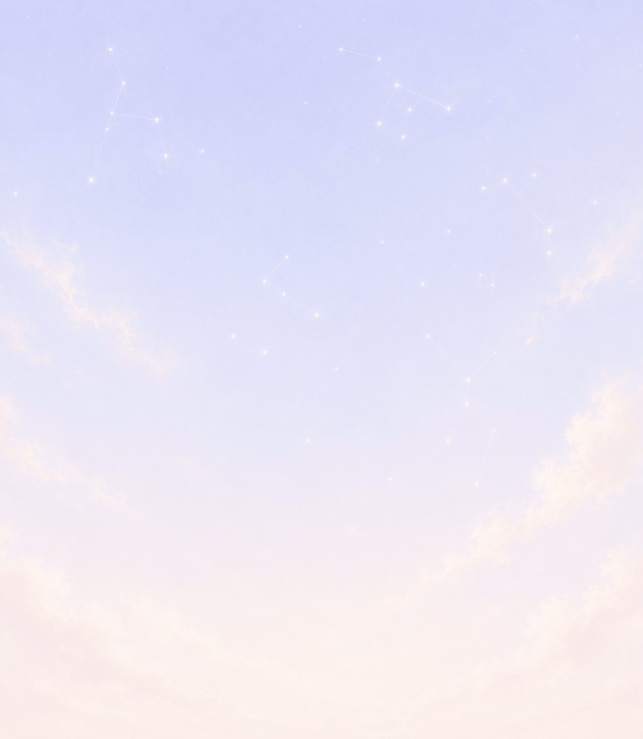 Soft pastel sky with faint clouds and star constellations connected by lines.