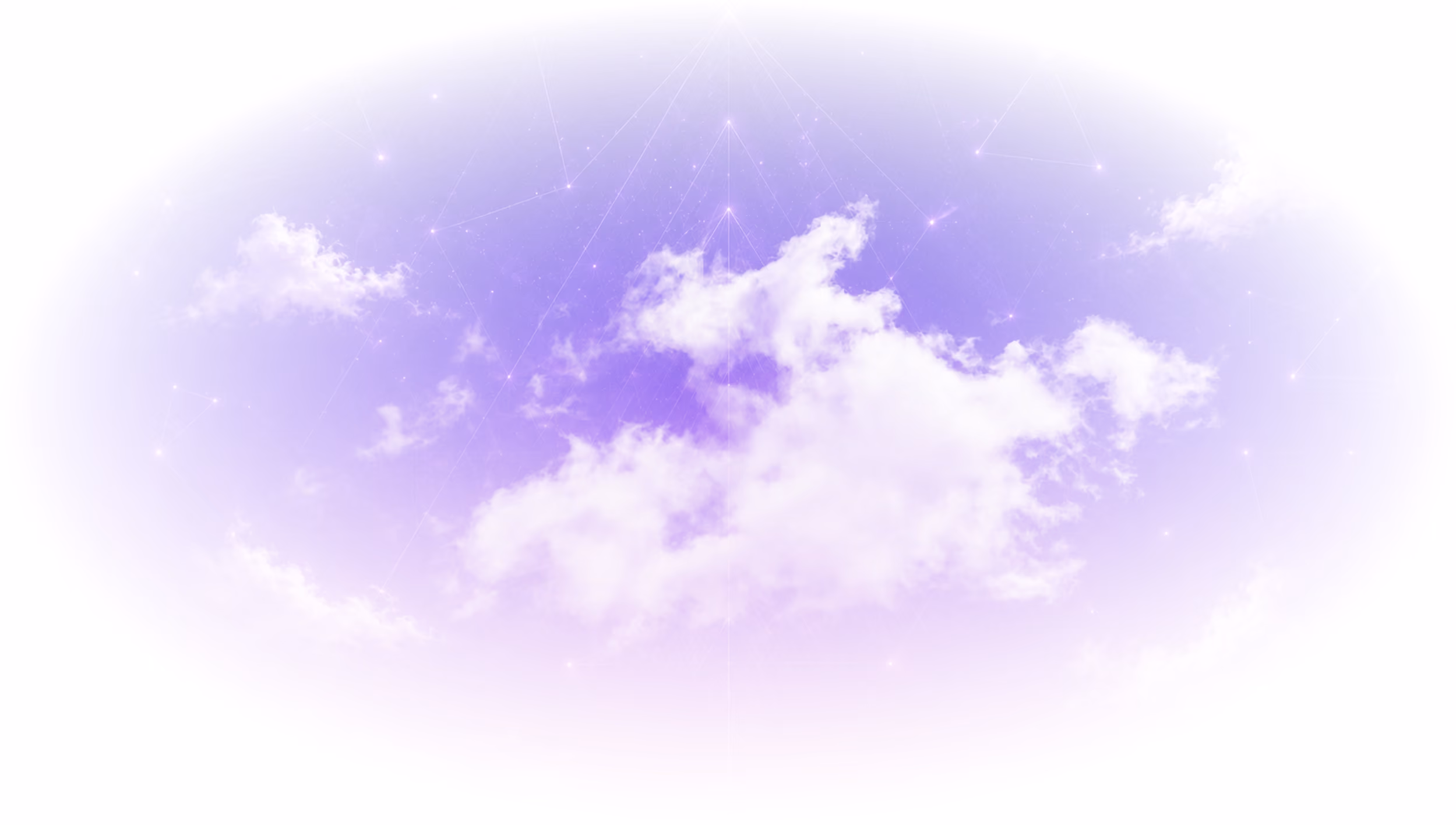 White clouds with a purple sky background featuring faint starry constellation lines.