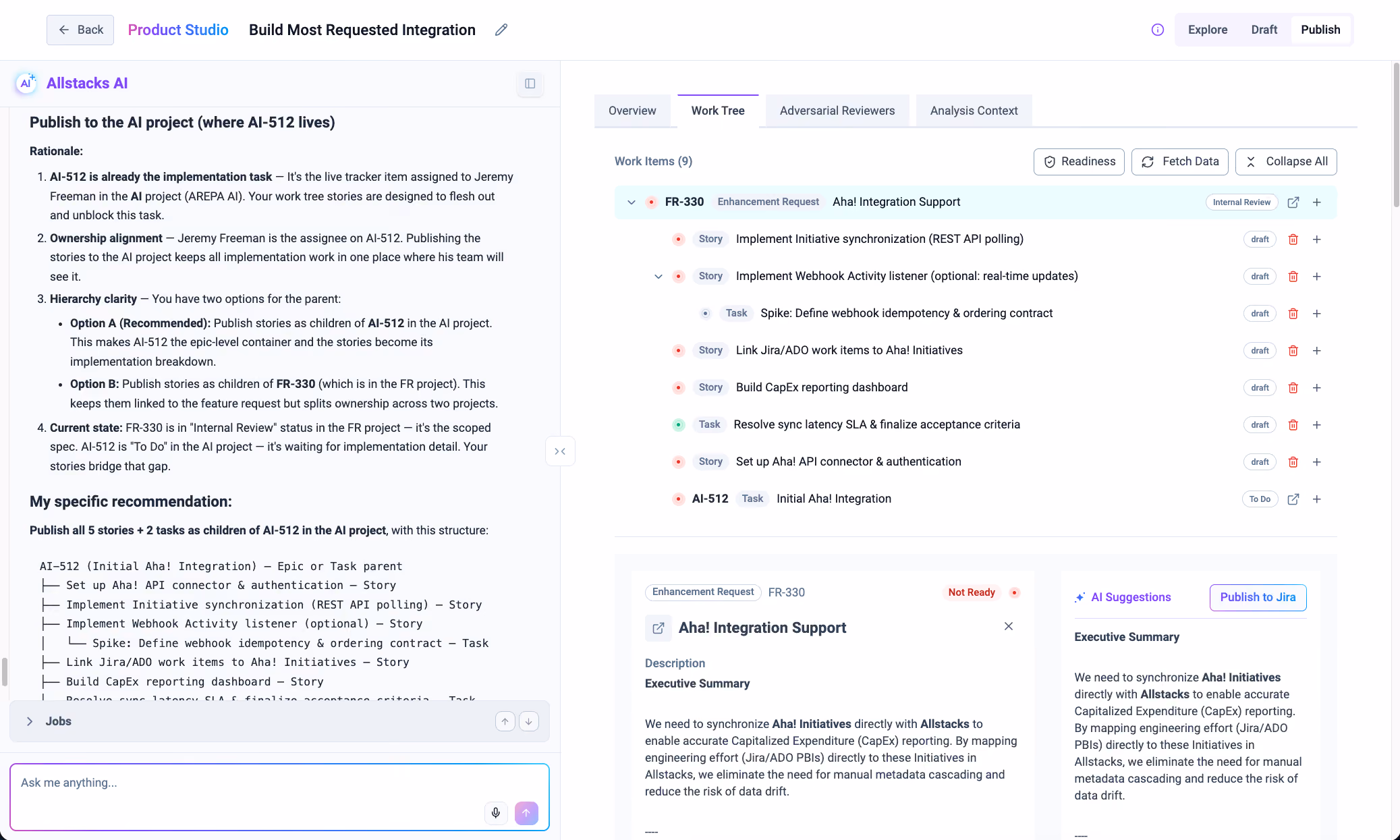 Project interface showing AI task details, hierarchy, work items, integration support, and executive summary.