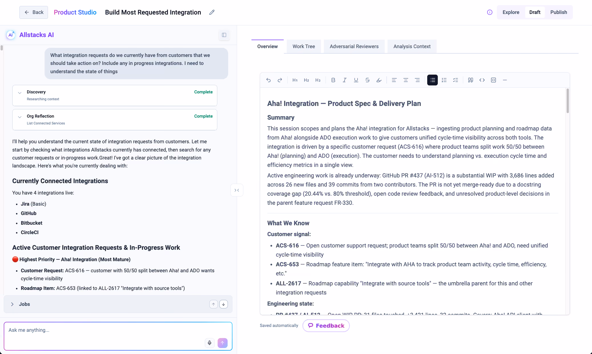 Dashboard showing integration requests, connected tools like Jira and GitHub, and a product spec and delivery plan.
