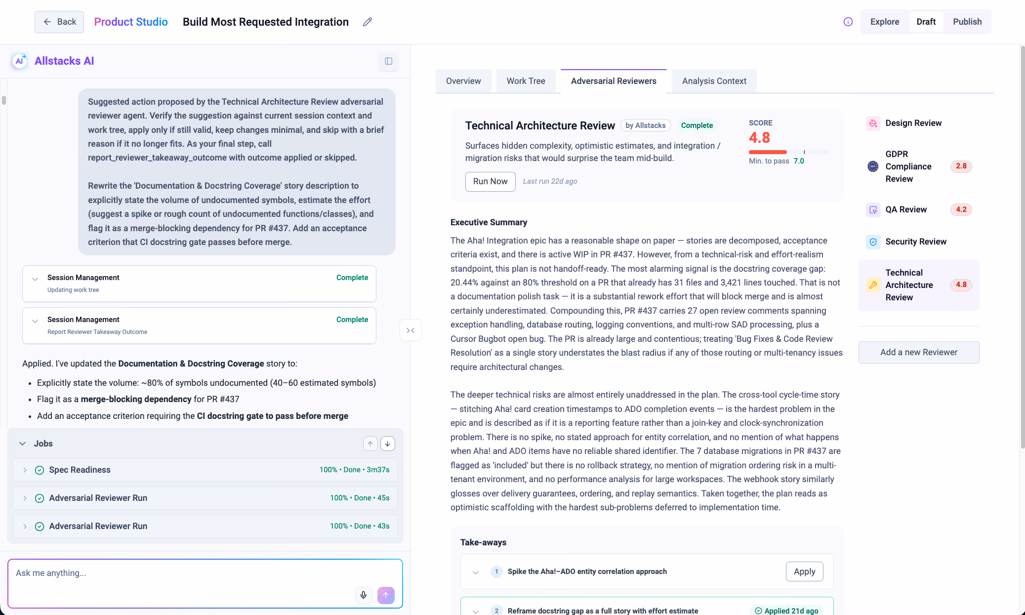Screenshot of Allstacks AI interface showing a Technical Architecture Review with score 4.8 and detailed risk analysis.