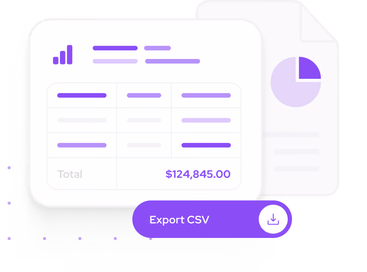 Dashboard showing a data table, summary total $124,845, pie chart, and Export CSV button.